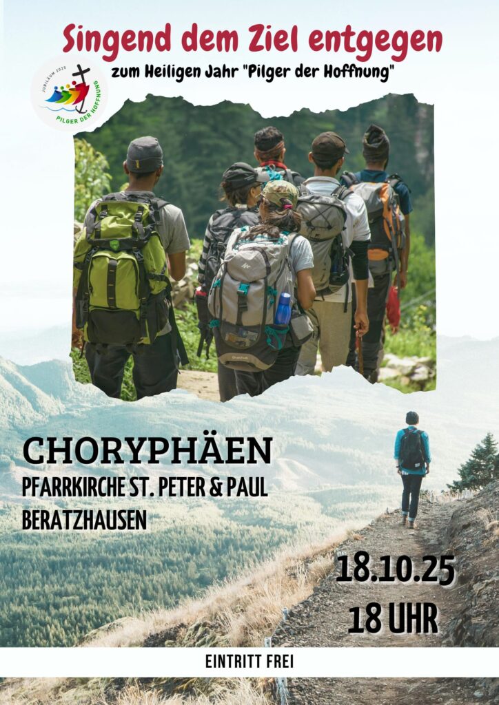Dieses Motiv wirbt als Plakat bzw. als Flyer für die Meditative Stunde der Choryphäen zum Thema „Singend dem Ziel entgegen“.